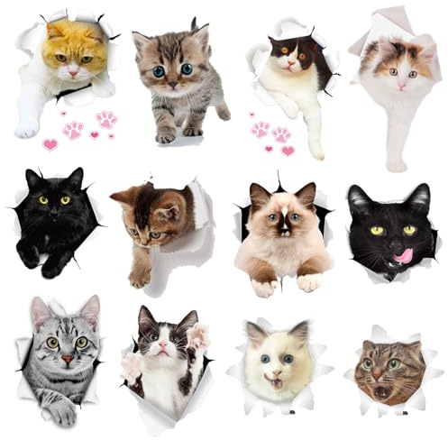 Keboyoe 12 Stück Wandtattoo Katze 3D, Süß Aufkleber, Autoaufkleber, Wandaufkleber 3D, Aufkleber für Toilettendeckel, Kühlschrank, Badezimmer, Schlafzimmer, Heimdekoration