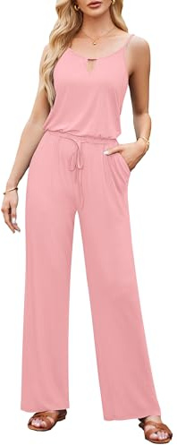 OUGES Women's Summer Jumpsuits UK Sleeveless Overall Pink Casual Playsuit with Pockets, M