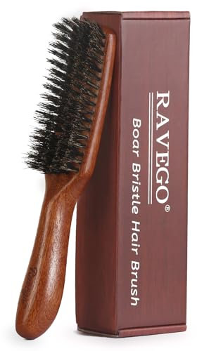RAVEGO Hair Brush, Natural Boar Bristle Hairbrush for Women, Men, and Children Thin, Fine Hair, Beard and Mustache Brush, Improves Hair Texture - Stiff Bristles