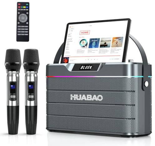 HUABAO Karaoke Machine - 100W Bluetooth Speaker with Super Bass, 2 Wireless Microphones, Portable PA System with LED Lights, TWS Pairing, Bass/Treble/Echo Adjustment, Professional Loudspeaker