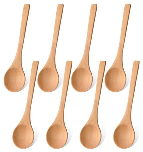 8 Stück Kochlöffel Holz Klein, Suppenlöffel Langgriff 13cm, Honiglöffel zum Essen, Mischen, Rühren, Kochen - Wooden Spoon für Zuhause, Küche, Kaffee, Party, Restaurant