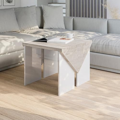 PROROOM FURNITURE Quadratischer Couchtisch TROP MINI 60x60 cm Kleiner Wohnzimmertisch Loft Stil Betonoptik Weiß Hochglanz 50 cm Höhe
