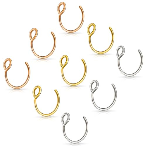 Tucnoeu 9 piercing finto per naso, anello finto nasale, in acciaio inox, piercing finto per il naso, 8 mm, 8 mm, Senza Gemstone