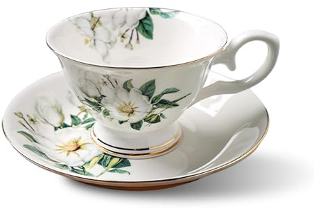 Cappuccino Tasse mit Untertassen, Knochenporzellan Kaffeetasse Aesthetic Espresso Tassen mit Blumen Muster, 175ML Keramik Kaffe Tassen Teetassen Porzellan Mokkatassen für Frauen (B)