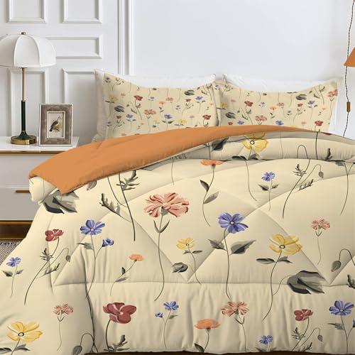 LSSLK Piumino Letto Matrimoniale 4 Stagioni 240x260 cm, Giallo Reversibile Piumone Leggero 260x240 cm, Motivo floreale Coperta Trapunta in Microfibra con 2 Federe, Lavabile in Lavatrice
