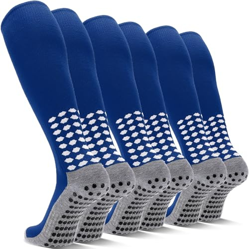 Regilt 3 Pairs Grip Soccer Socks Men Cushioned Non Slip Football Basketball Sports Knee High Long Socks (US, Alpha, One Size, Regular, Regular, Blue)