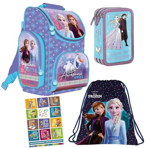 Goldkids - Schulranzen für Jungen und Mädchen, 4er-Set - Schul-Rucksack für Kinder mit Federmäppchen - Schuhbeutel und Hausaufgabenheft - ELSA Frozen Motiv - 1-3 Klasse