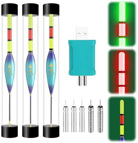 Hekasvm LED Posen Angeln Set | Kann die Farbe ändern Wenn der Fisch Haken Beißt, Angelzubehör Fishing Posen mit Batterie Ladegerät Stabbatterie Typ CR425