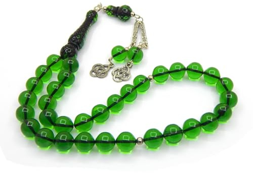 Perlin Gebetskette Gebetsperlen Tesbih Tasbih Tespih Misbaha Subha 33, 10mm Rund Form Muslimisches Islamic Rosenkranz mit Ethnic Gebet Perlen Schmuck Armbänder (Grün)
