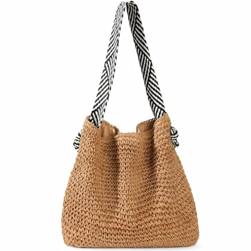JiJia LeCo Sac de plage avec fermeture éclair, sac de plage en paille pour femme - Sac de paille d'été pour femme, sac à main, sac de transport, tissé, kaki