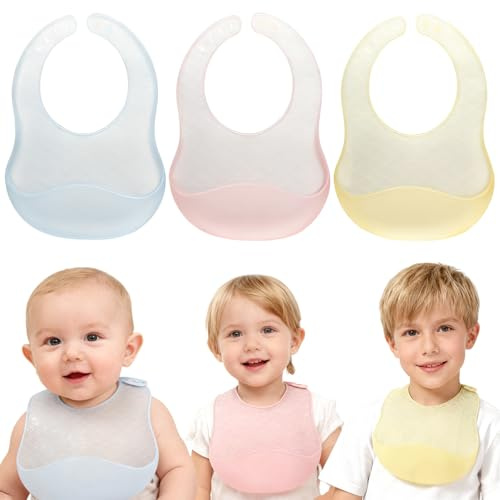 ORAGKE 3er Silikon Lätzchen Baby Abwaschbar Superleichte, Baby Lätzchen Silikon Verstellbare, Lätzchen mit Auffangschale Wasserdicht, Babylätzchen BPA-frei, Silikonlätzchen für Babys (Blau/Rosa/Gelb)