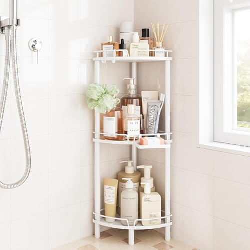 ELYKEN, Mensola angolare da doccia in piedi, con 3 ripiani, organizer da bagno in metallo antiruggine con porta sapone, scaffale angolare da pavimento con piedini regolabili e 2 ganci, bianco