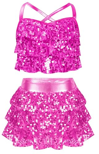 Moggemol Ragazza Outfit Scintillante Top Corto A Scalini Con Paillettes Gonna Con Paillettes Set Abbigliamento Per Danza Latina Jazz Bambini Rosa acceso 7-8 anni