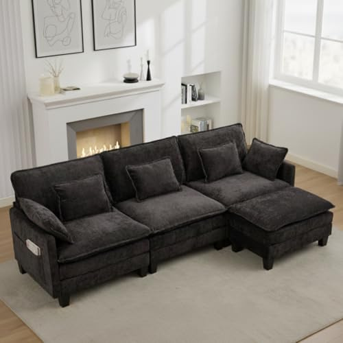 ZRNINR L-förmiges modulares Ecksofa mit Ottomane, 4-Sitzer-Sofa mit tiefer Sitzfläche, bequemes Wolkensofa mit Kissen, modernes Sofa für Wohnzimmer, Schlafzimmer, Wohnung, Büro (287CM, Schwarz)