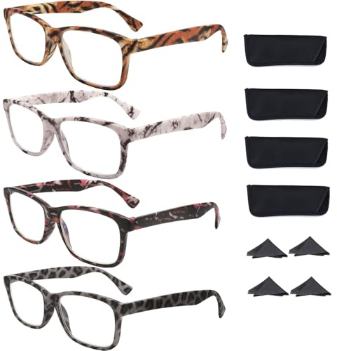 LANLANG 4er-Pack Blaulichtfilter Lesebrillen für Herren Damen mit Federscharnier, Animalprint-Design, leicht, L-L004, +4.0 dioptrien
