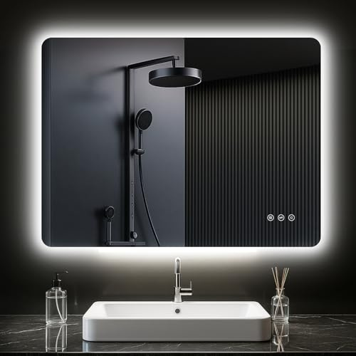 PESENXAN Badrumsspegel med belysning 80 x 60 cm, LED-spegel badrum med anti-dimning, badrumsspegel med 3 ljusfärger, dimbar, rektangulär badrumsspegel, horisontell/vertikal