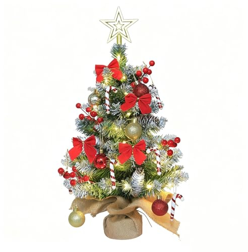 Mini Weihnachtsbaum Künstlich mit LED, 60cm Kleiner Weihnachtsbaum Geschmückt, Tisch Weihnachtsbaum Klein Künstlich Geschmückt, Künstlicher Baum mit Dekorativem für Weihnachten Deko