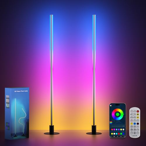 2 Stück LED Stehlampe Wohnzimmer, RGB Ecklampe Dimmbar mit Fernbedienung und App-Steuerung, Musik Sync, APP & Fernbedienung, 16 Millionen Farben, DIY-Form, Timer für Wohnzimmer, Gaming 123cm