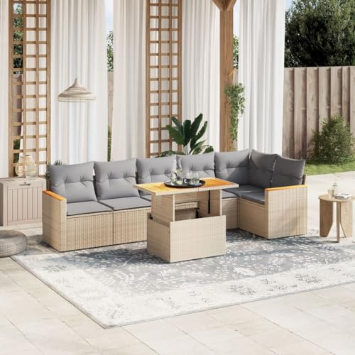QJBSAVVA 7-teiliges Gartenmöbel Set Beige Poly Rattan Ecksofa Mittelsofa Tisch 62 x 62 x 69 cm Verstellbare Tischplatte UV-beständig für Garten Balkon Terrasse