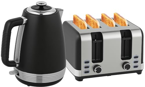 HOMCOM Stainless Steel Kettle and Toaster Set 1.7L 3000W Jug Kettle Black | Rapid Boil, UK Strix Thermostat, Limescale Filter, 4 Slice Toaster, 7 Browning Controls, Crumb Tray