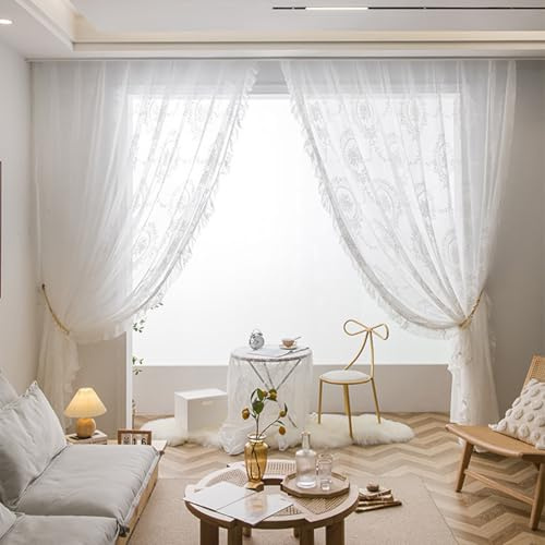 Fmorgen Französische Spitzenvorhang Durchlässig Spitzenvorhang, 2 Stück Spitzengardinen Gardinen Vintage-Fensterbehandlung Ösenvorhang für Wohnzimmer Schlafzimmer (White-140x200CM)