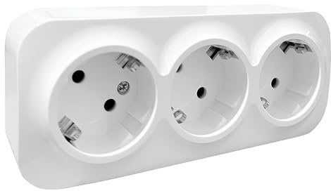Base Schuko de Superficie con 3 Tomas, Enchufe Triple Schuko para Montaje en Pared, Toma de Corriente para Interior, 16A, 250V, Máx. 3680W, Ideal para Uso Doméstico y Comercial, Blanco