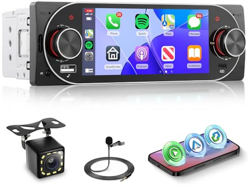 Single Din Car Radio Stereo with Wireless Carplay Android Auto, Hodozzy 5.1 IPS Touchscreen 1 Din Car Radio with Bluetooth 5.2 EQ Mirrorlink Reverse Camera+USB/Type-C +Steering Wheel Control