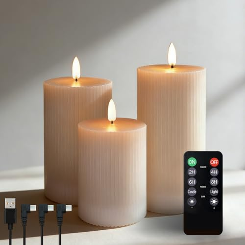 NICE PIONT Wiederaufladbare LED Kerzen Set 3er, Cremeweiße Stumpenkerzen mit Timer & Fernbedienung, Flackernde Flamme, 5 Stufen Dimmbar, –für Wohnzimmer, Schlafzimmer, Tischdeko