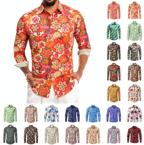 Hippie Camicia da uomo a maniche lunghe, colorata anni '70, anni '80, abbigliamento da discoteca, con brillantini, per feste a tema, carnevale, per il tempo libero, club, fiori hawaiani, con bottoni