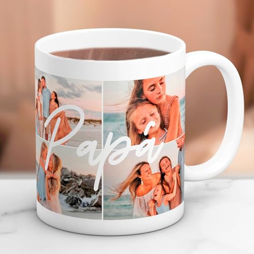 Cristal Plaque - Taza Cerámica Personalizada para Papá con 4 Fotos y Mensaje “Papá” | Taza Cerámica 325ml | Asa Ergonómica | Regalo Día del Padre, Cumpleaños y Aniversario