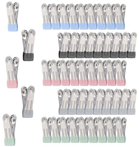 GHLIANGZHOU 50 Pièces Pinces à Linge en Acier Inoxydable Couleurs Mixtes | Anti-Dérapantes et Sans Traces, Robustes Pour Pantalons, Chaussettes, Sous-Vêtements, et Scellage Alimentaire.