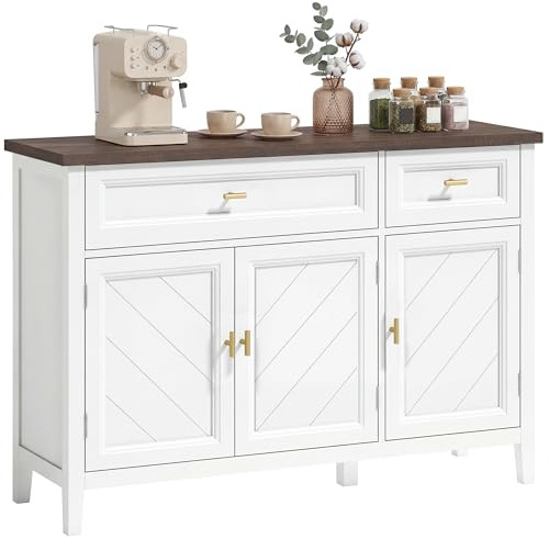 HOMCOM Sideboard Thick Top, 3 Doors, 2 Drawers, White and Brown Wood Effect | Modern Storage Cabinet, Kitchen Cupboard, Adjustable Shelves, Dining Room, Living Room