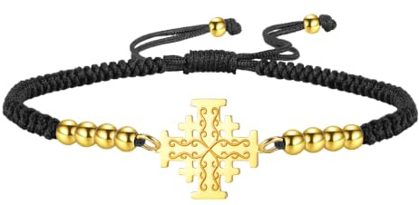EUEAVAN Pulsera de cruz de Jerusalén, cruzada, caballeros templarios, hecha a mano, pulsera de cuerda de la suerte, griega, religiosa, medieval, cristiana, regalo de bautizo, fe para mujeres y hombres