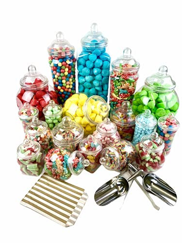 Top Star 19 Empty Jars Vintage Victorian Pick & Mix Sweet Shop Candy Buffet Kit Party Pack - 2x Scoop 2x Tongs 100x Gold Stripe Bags