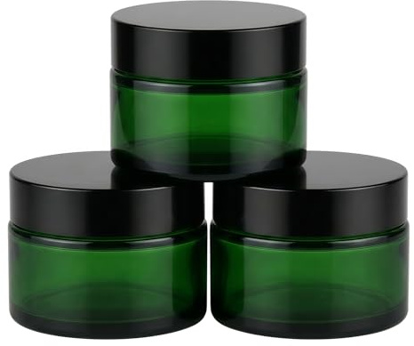 3PCS Empty Green Glass Cream Lotion Jars Bottle Cosmetic Makeup Eye Cream Storage Holder Container with Black Cap and PP Liner DIY Beauty Tool (50G/1.7oz)