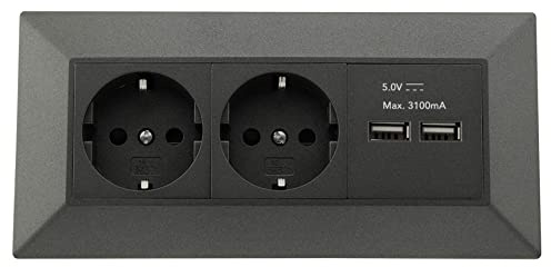 ChiliTec 2-vägs grenuttag, bordsuttag med 2 x USB, 90° vinkel, 230 V, påbyggnads- och hörnuttag för bänkskiva, kök, verkstad, antracit