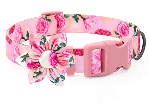Pink Dog Bow Tie Collar Small Personalised Girl Dog Collars With Rose Flower Bow Tie Personalised Dog Collar for Cute Puppy Small Girl Female Cats Dogs Fancy Floral Dog Collar for Your Furbaby