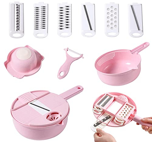 12 in 1 Gemüseschneider, Multifunktionaler Gemüseschneider mit Behälter Vegetable Chopper Gemüseschneider Gemüsehobel Obstschneider Gemüseschneider Manuell Gurkenhobel Kartoffelschneider (Rosa)