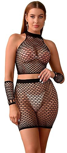 Bommi Fairy Lingerie en maille filet de poisson pour femme - Ensemble exotique - Haut + jupe enveloppante + chaussettes sexy pour fête - Mini robe (noir)