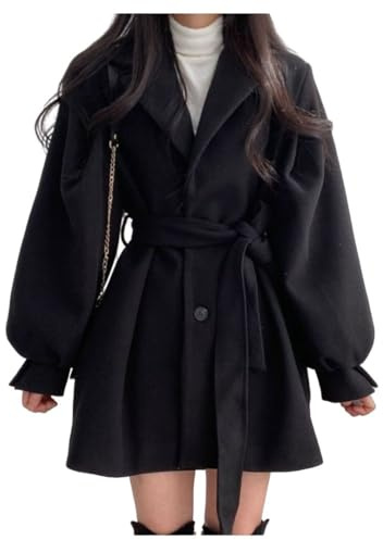LCDIUDIU Cappotto Trench Corto da Donna in Misto Lana Autunno Inverno con Cintura,Nero Risvolto Dentellato Giacche Lunghe con Maniche A Sbuffo Moda Casual Capispalla con Tasca,S