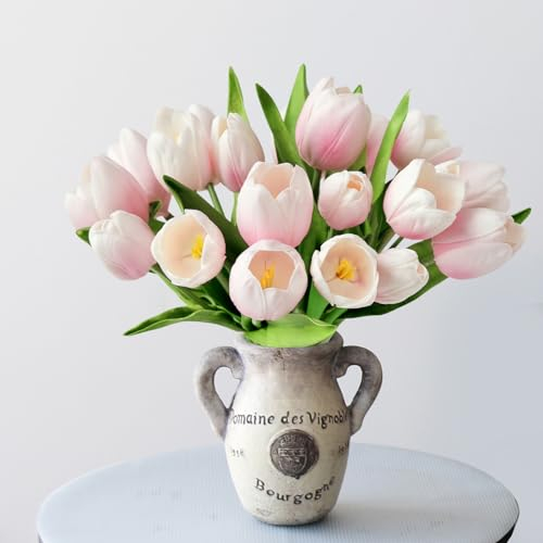 ZYTUYO Künstliche Tulpen, 33 cm, Rosa, PU, fühlt sich echt an, mit künstlichen Tulipanen, Blumenzwiebeln, Seidenblumenstrauß für Muttertagsarrangements, Tafelaufsätze, Zuhause, Küche, Ostern, 20 Stück