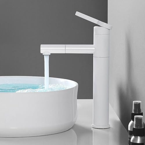 Wasserhahn Bad Mischbatterie Waschbecken Badezimmer Armatur Badarmaturen Ausziehbarer Einloch Drehhahn 360° Einhebelmischer Wasserhahn Messing Weiß Hoch