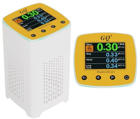 GQ Radon Detector Radonscan Home Radon Monitor Alpha Radiative Gas Radiation Design in USA Large Color Display Short and Long Term continuously Monitor Accurate Fast Sensitive Data Sharing | Continuous indoor radon monitoring, color display, real-time tracking, long-term averages, Sensitive, data logging and export