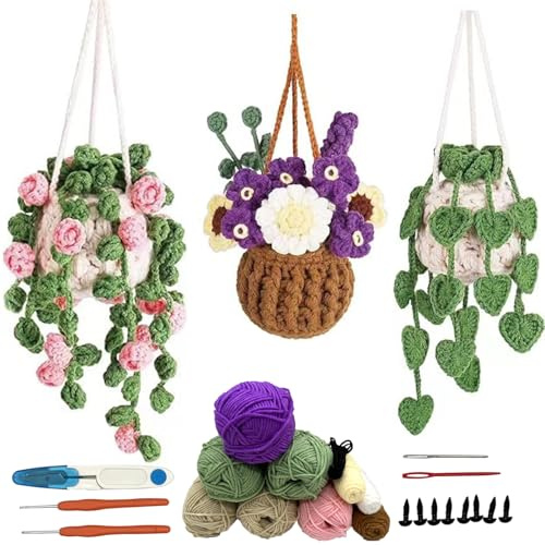 Crochet Potted Plant DIY Kits,3 PCS Crochet Kit for Beginners Adults with Step by Step Video,Knitting Starter Kit with Accessories,for DIY Handcrafts Supplies & Teenagers Adult Gift for Christmas
