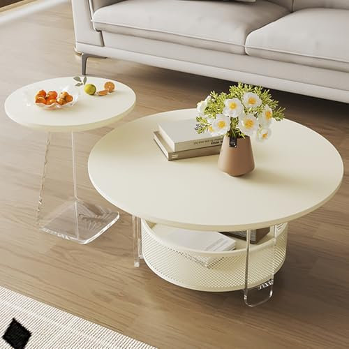 Moderne Acryl-Satztische, 2er-Set, weiß, großer Aufbewahrungskorb, MotherandChild Couchtisch, Kombination, 68,6 cm + 45,7 cm