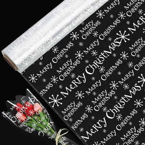 15m*80cm Merry Christmas Cellophane Wrapping Paper, QRTDXP Clear Cellophane Wrap for Hampers Large Xmas Gift Cellophane Wrapping Paper Roll-Roll is Folded In Half