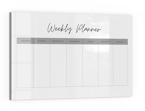 DEQORI Glas-Magnettafel | 60x40 cm cm groß | Motiv Planer V3 Weiß (EN) | Memo-Board aus Glas | Magnetboard inkl. Magnete, Stift & Tuch für Küche & Büro | Tafel magnetisch & beschreibbar