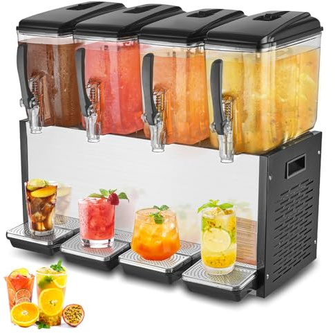 VEVOR Distributeur commercial de boissons, 4 réservoirs de 12 litres par réservoir, distributeur de jus, machine à boissons à thé glacé en acier inoxydable de 510 W avec température de refroidissement