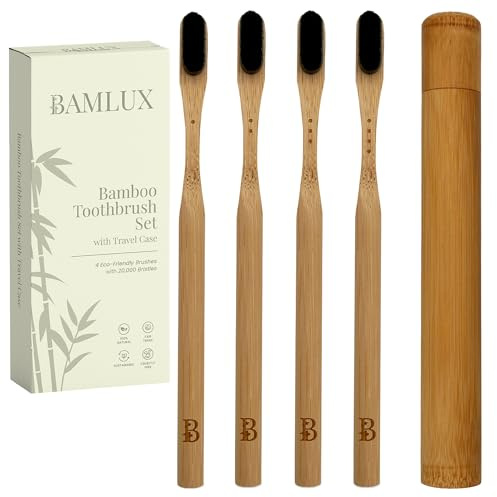 BAMLUX Set de 4 cepillos de dientes de bambú - cepillo de diente bambu suave con 20.000 cerdas - Cepillo de dientes bambú ecológicos y sostenibles para dientes sensibles - Estuche de viaje incluido