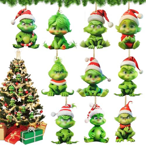 10 Stück Grinch Deko Weihnachten, Grinch Weihnachtsschmuck, Grinch Weihnachtsdekorationen, Christbaumschmuck Grinch, Grinch Baumschmuck Acryl-Hängende Ornament für Weihnachtsbaum Dekorationen